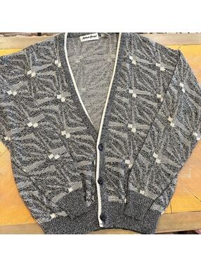 Vintage Michael Gerald Large Black White Textured Cardigan Made in USA
